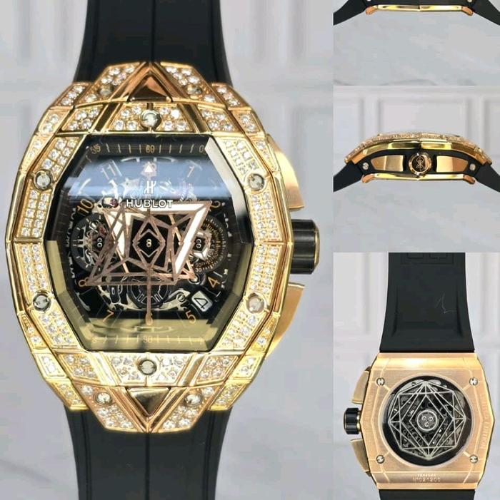 JAM TANGAN LUXURY NO.1HUBLOT SANGBLEU 3 FORSTED DIAMOND CHRONO FULLSET ROSEGOLD Style