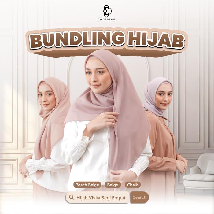 Jilbab Segi Empat Viska Hijab Polos Bundle 3 Warna Peach Beige, Chalk dan Beige Bahan Voal Superfine