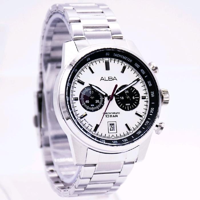 Alba Jam Tangan Pria Chronograph 10BAR Tachymeter Tali Stainless Steel Putih Hitam