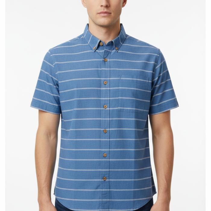LOIS Kemeja Pria Lengan Pendek Kancing Kantong Saku Satu Kiri Polos Motif Salur Horizontal Putih Kat