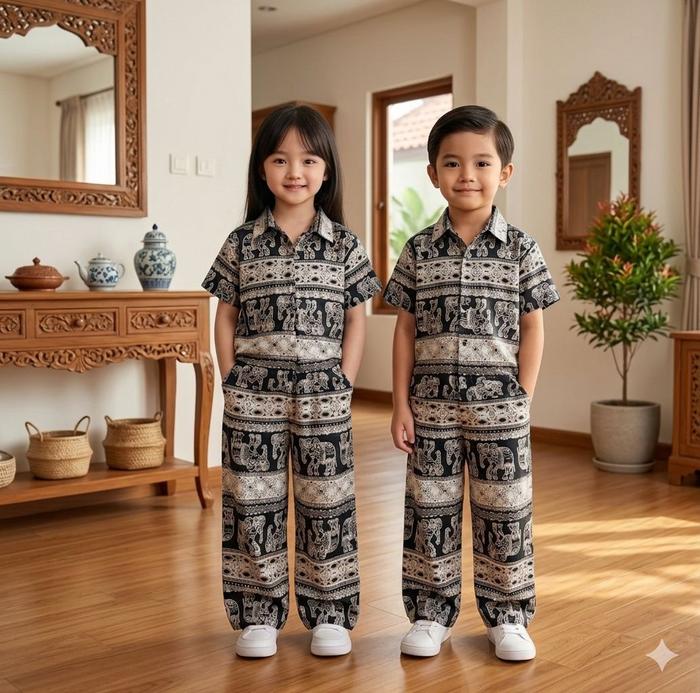 Setelan Anak Motif Gajah Thailand / Setelan Baju Kemeja Unisex Anak Motof Gajah Rayon Premium / Sete
