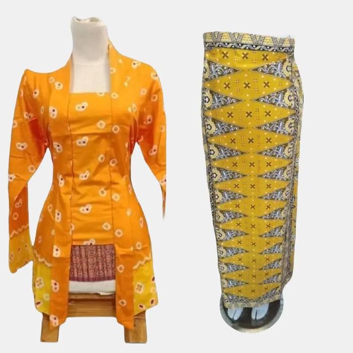 Setelan Kebaya Model Kutu Baru Modern Jumputan Bahan Kain Katun Batik Warna Kuning Biru Hitam Kancin