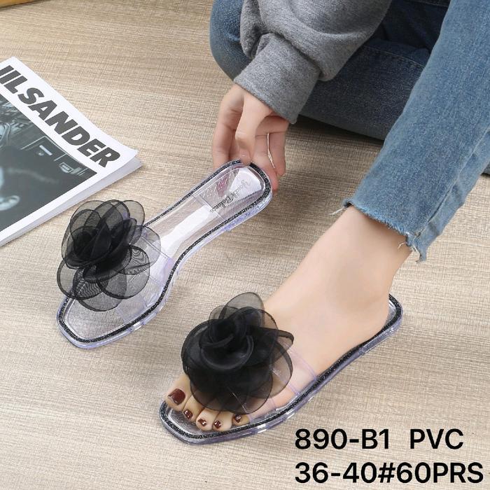 Sandal.Wanita Karet Jelly Import Motif Bunga Mawar Besar 890-B1