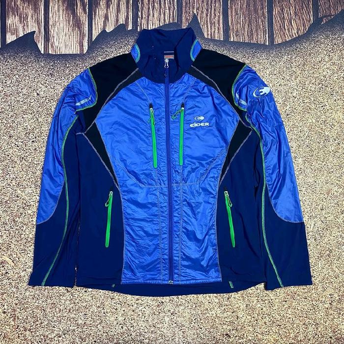 jaket outdoor pria EIDER jaket track top multi colour kombinasi warna two tone hitam biru casual mur