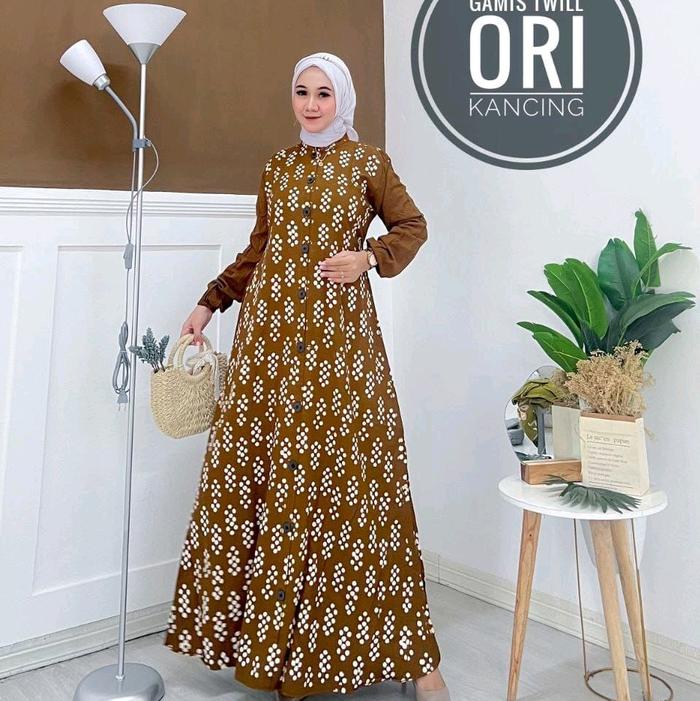 Gamis Twill Ori Kancing Kuning Kunyit