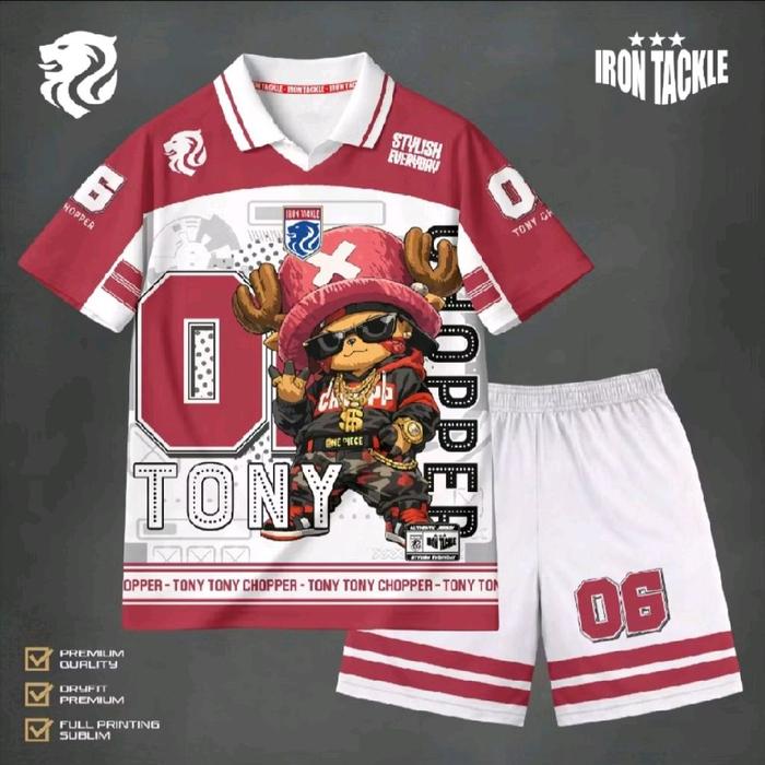 Iron Tackle Jersey Luffy Monkeys Luffy dengan Celana Pendek Putih dan Hitam