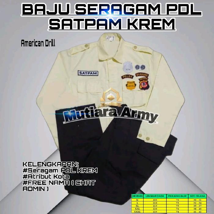 Seragam Setelan Satpam PDH PDL Krem & Coklat Ukuran M-3XL Atribut Kota Lengkap Bonus Nama - Celana, 