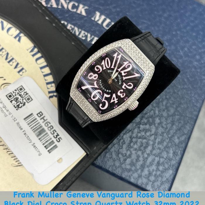 Frank Muller Geneve Vanguard Rose Diamond Black Dial Croco Strap Quartz Watch 32mm 2022