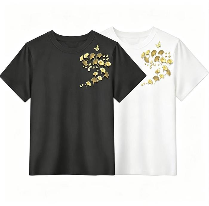Golden Ginkgo Leaf & Butterfly Embroidery, Soft Breathable Casual Basic Tee, Loose Relaxed Fit Daily