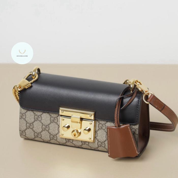 GUCCI MINI GG SUPREME PADLOCK CHAIN SHOULDER BAG IN BEIGE/BLACK/EBONY GHW