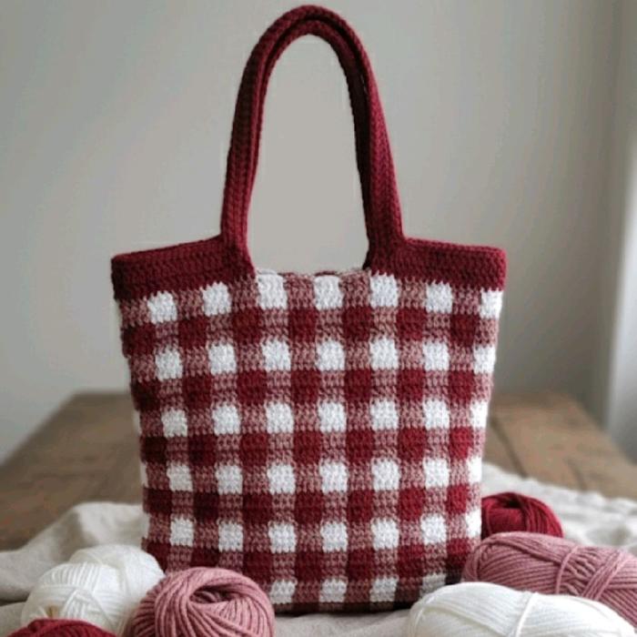 Checkers Tote Bag Gingham Motif Tas Kotak-kotak Crochet Rajut Benang Polyester Ukuran 23x25 cm Handm