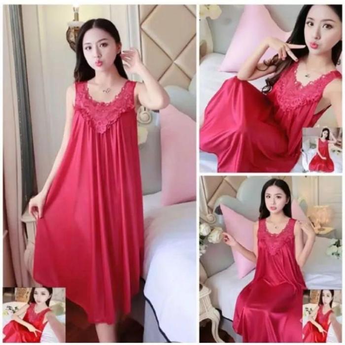 Daster Tidur Wanita Jumbo Bahan Satin Lingkar Dada 120 cm Panjang 90 cm