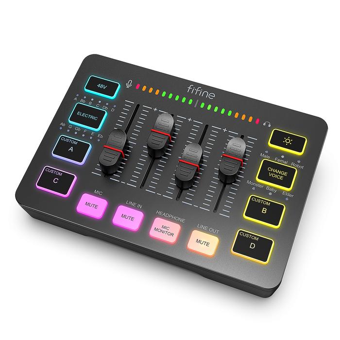 FIFINE Gaming Audio Mixer,Streaming 4-Channel RGB Mixer with XLR Microphone Interface,for Game Voice
