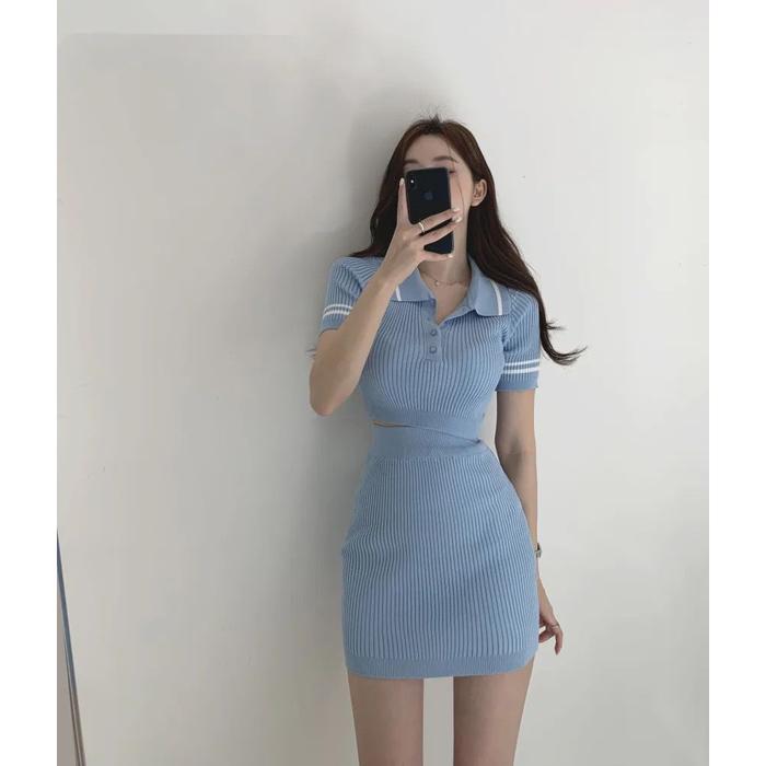 one fashion id COD Set crop knit rajut / setelan rajut + Rok span lengan pendek