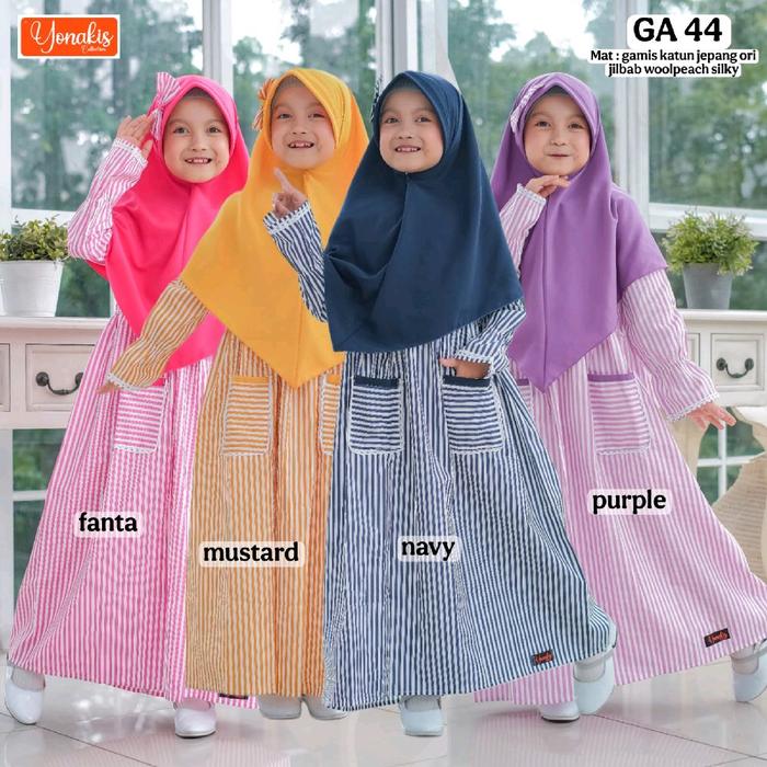 GA 44 MAXY KIDS SET SYARI Ori - Baju Dress Anak Motif Stripe Garis Bahan Katun Jepang Ori + Jilbab B