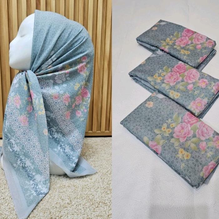HIJAB SEGI EMPAT VOAL MOTIF BUNGA BIRU WARDAH BUNGA PINK