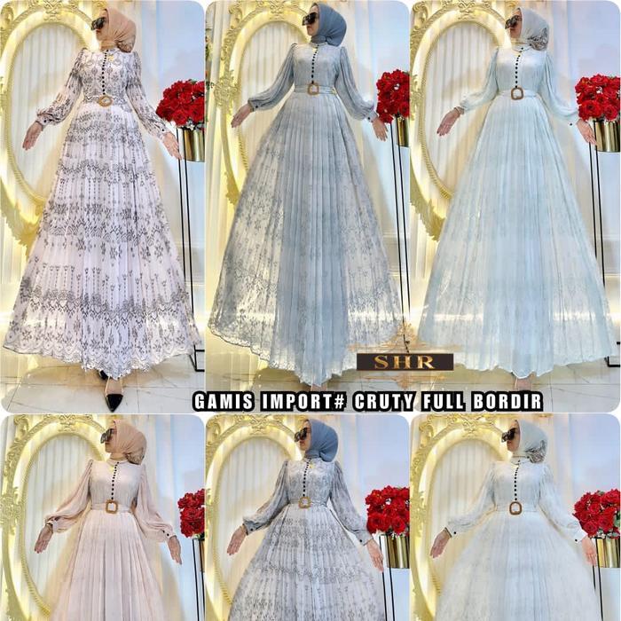 SHR maxydress bordir lengan plisket cantik Ceruty Gamis Mewah Wanita Muslim