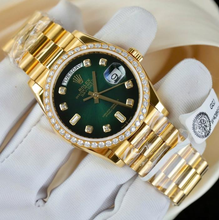 SWISS TIER 5RolexDay-Date Watches Green Ombre Dial Bezel Moissanite Diamonds Custom 36mm