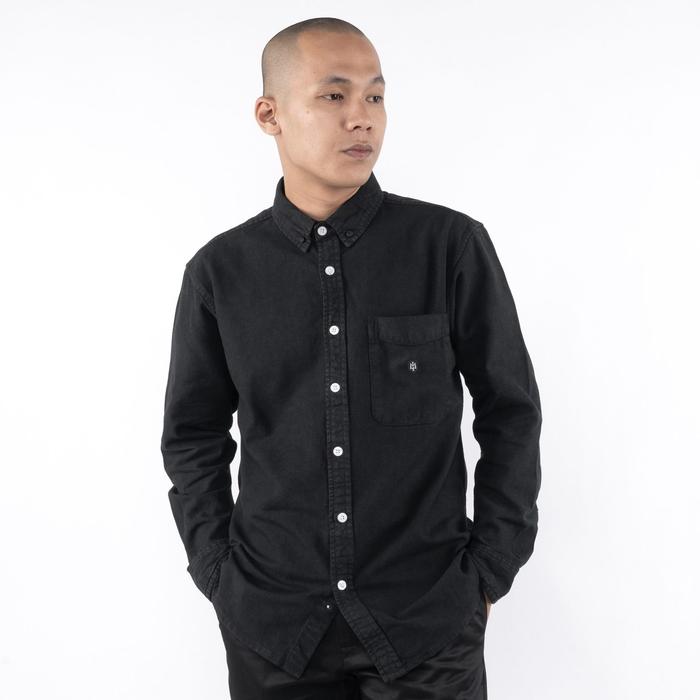 ZNAKES Clandestine MATERNAL DISASTER BLACK GARMENT DYED WASHED COTTON CANVAS LONG SLEEVE BUTTON UPS