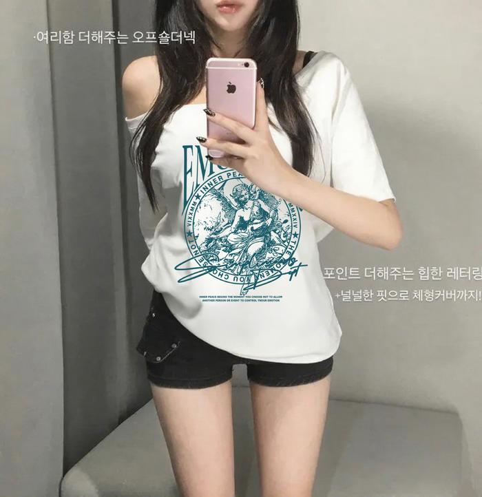 【COD】TREPUB.Asymmetrical Offshoulder Sabrina T-shirt Penulis sastra retro baju keren kaos korea | Ka