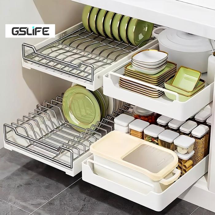 GSLIFE Rak Piring Tarik Keluar Rak Piring Rak Bumbu Penyimpanan Rak Piring Rak Dapur Serbaguna Untuk