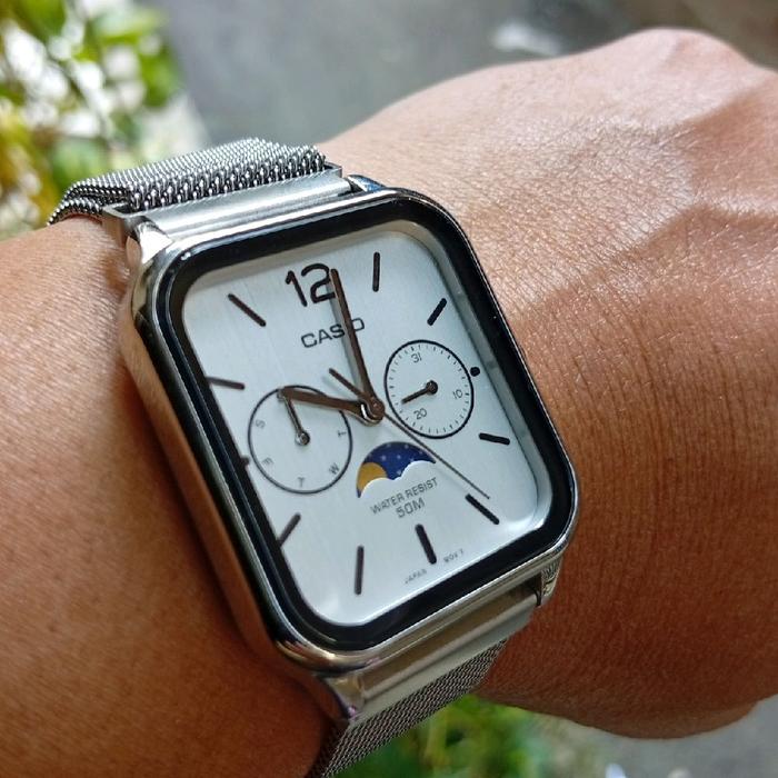 Jam tangan unisex Casio To The Moon & Back Series MTP-M305L 7A White Dial, Tali Pasir Magnet, Orig