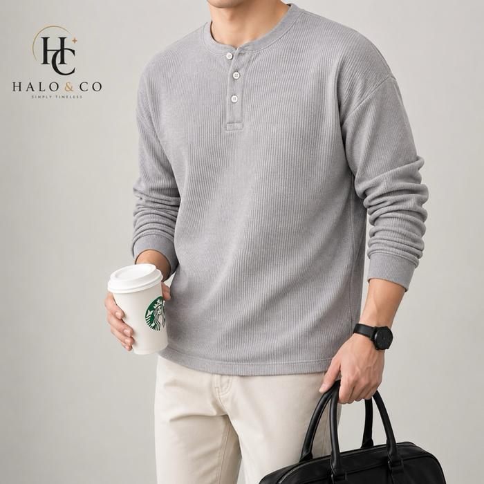 Waffle Knit Henley uniqlo/ Kaos Henley Rajut Lengan Panjang Pria Formal Casual Sweater Lembut Nyaman