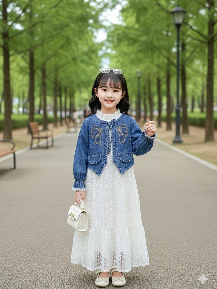Gamis Anak Permpuan Meiza Motif Pita Kombinasi Jeans Premium Mix Brukat import Korean Style Gamis An