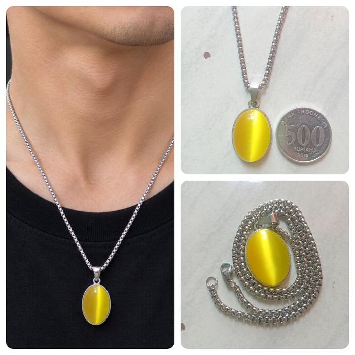 KALUNG TITANIUM SILVER LIONTIN BATU CAT EYE YELLOW 25mm OBSIDION SPECIAL STONE