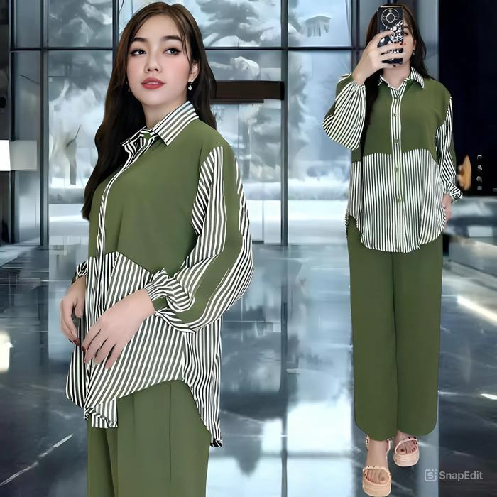 Santara set stelan wanita dewasa kasual kekinian terbaru atasan kemeja oval celana kulot lurus denga