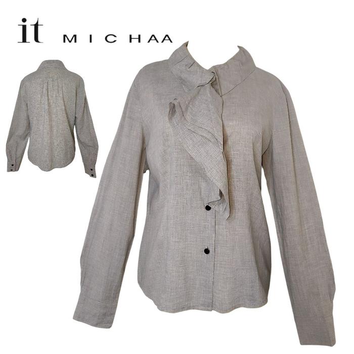 IT MICHAA Ruffle Blouse Shirt Summer Formal Blouse Shirt in Gray with Embossed Button Long Sleeve