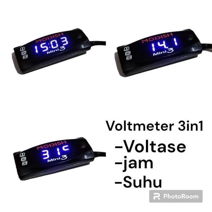 VOLTMETER VOLT METER ACCU AKI MINI 3 IN 1 PLUS PENGUKUR SUHU UDARA DAN JAM DIGITAL WATERPROOF UNIL S