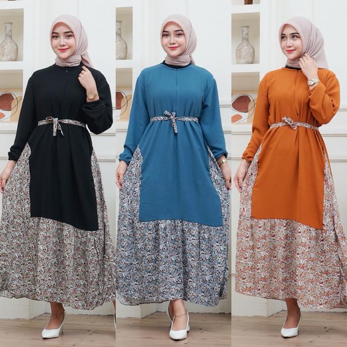 Midi Dres Wanita Kombinasi Motif Rayon Bunga, Dres Crinkle Jumbo Fashion Dewasa Kekinian