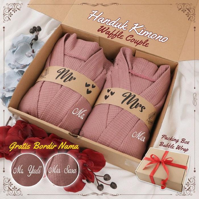 Kimono Handuk Waffle Couple Gratis Custom Bordir Nama Hampers Pernikahan Baju Handuk Pasangan Set Bo