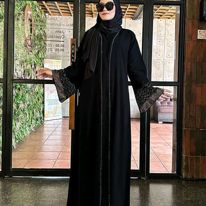 Abaya Hitam Dress Maxi Dubai Riskia Swaroski Best Seller Wanita Gamis Muslim Cantik Dewasa - rizkia 