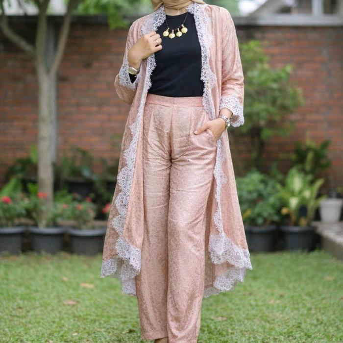 Syahnita Setelan Kebaya Batik Outer Lace Viscose Renda & Celana Kulot Polos Wanita Dress Atasan Baju
