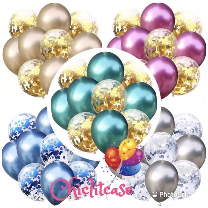Balon set confetti chrome warna silver gold green red blue
