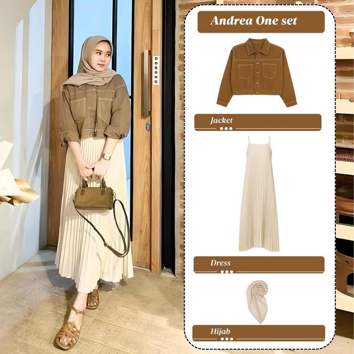 Andrea One Set 3in1 - Setelan Wanita Kekinian Andrea Outfit Korean Style Casual OOTD - Atasan Outer 