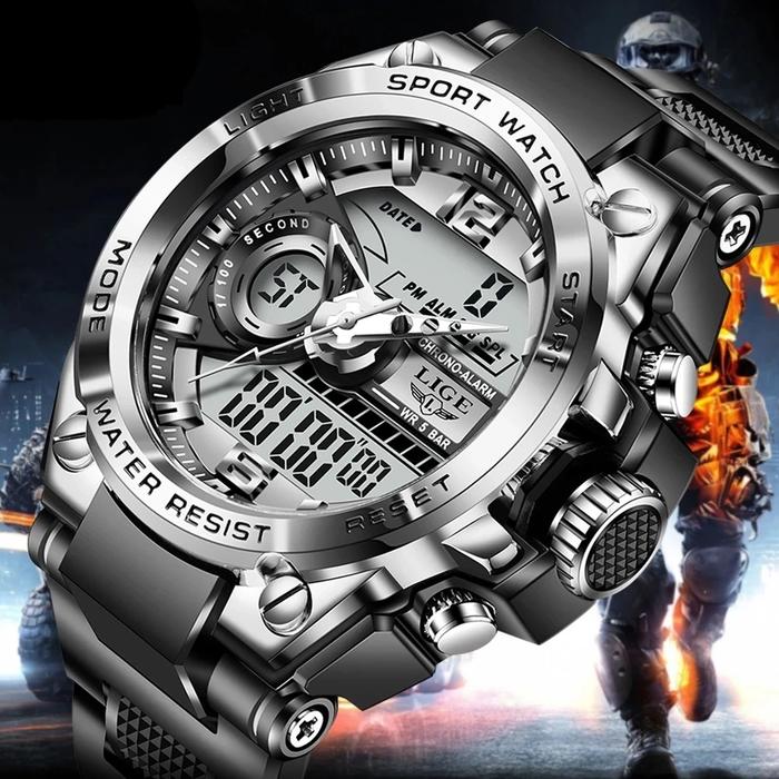 LIGE original jam tangan digital pria fashion bercahaya tahan air multi fungsi jam tangan + kotak