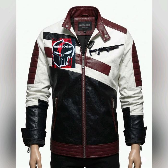 Heirloom M4Raider Tactical Bull Tank Jaket Kulit Pria Hitam Putih dengan Desain Unik dan Logo Scull 