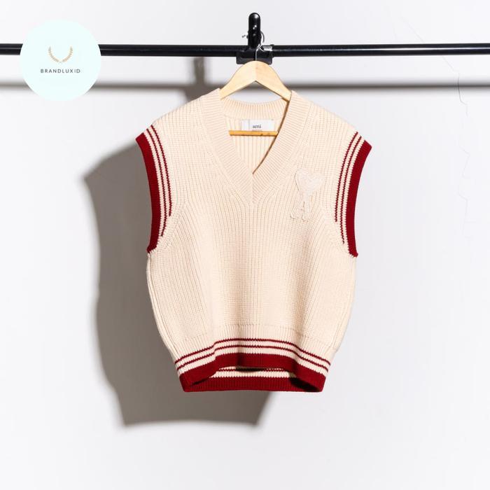 Ami Paris Ami de coeur logo patch ribbed sleeveless sweater White Cream Navy Blue