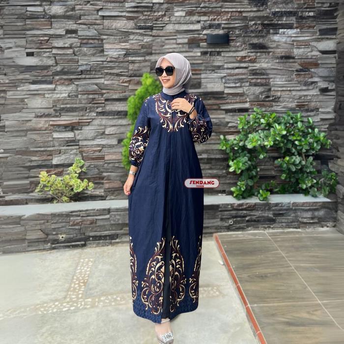 Baju Gamis Batik Wanita Premium Kombinasi Polos Lengan Balon untuk Lebaran Kondangan - Dress, Muslim
