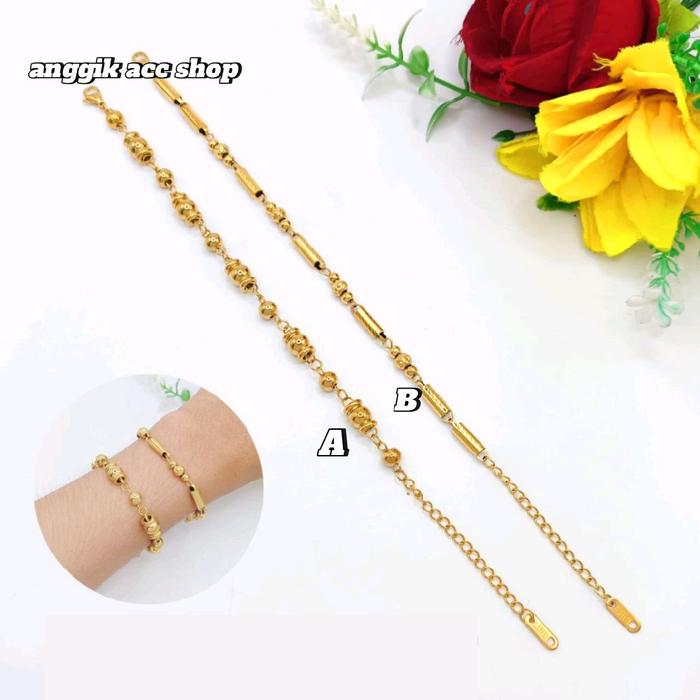 GELANG WANITA MOTIF BAMBU UKIRAN POLOS TITANIUM PERHIASAN LAPIS EMAS 24K ASLI ORI ANTI KARAT DAN ANT