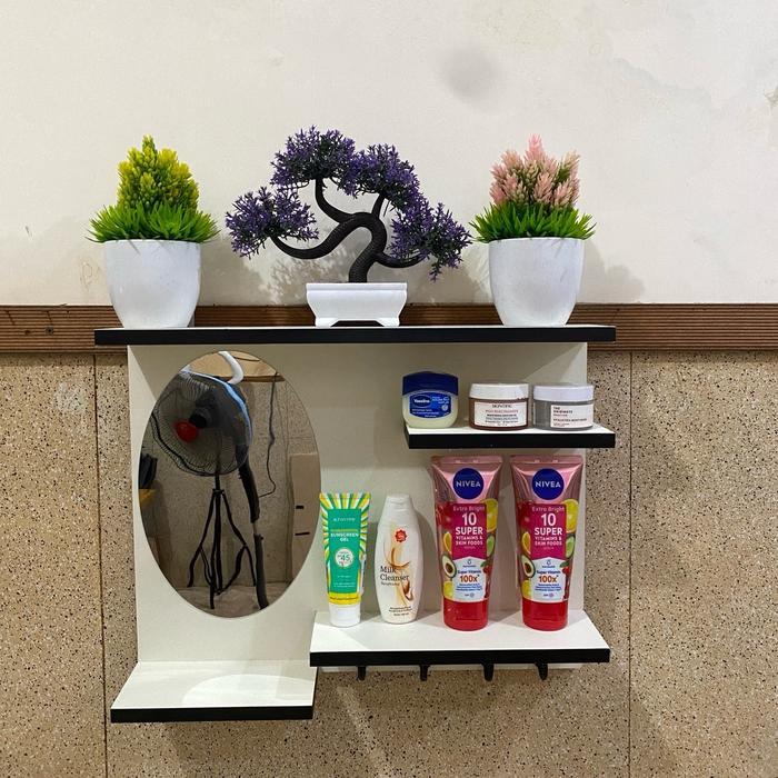 RAK DINDING KACA KOSMETIK MINIMALIS WARNA PUTIH KOMBINASI HITAM