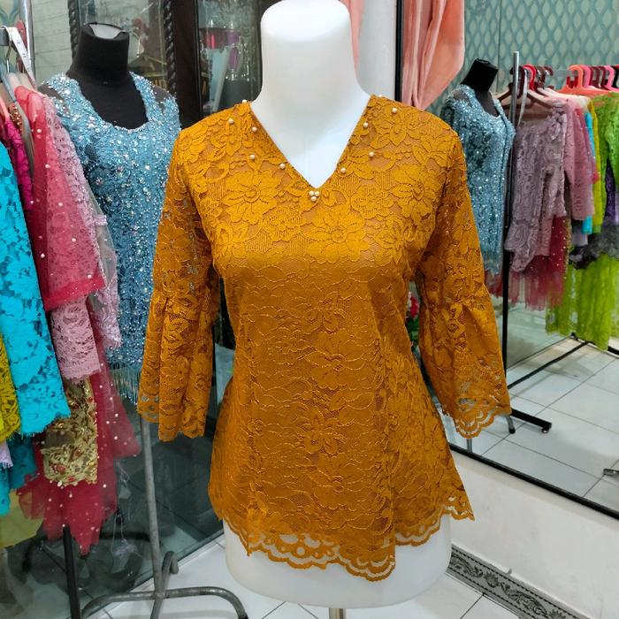 Kebaya atasan brokat kuning kunyit polos ld 88 - 110