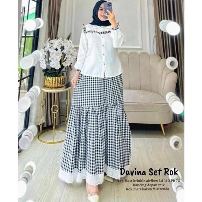 Davina set rok 2IN1 Atasan Baju set rok motif kotak kotak ukuran jumbo LD 120 bahan crinkle premium 