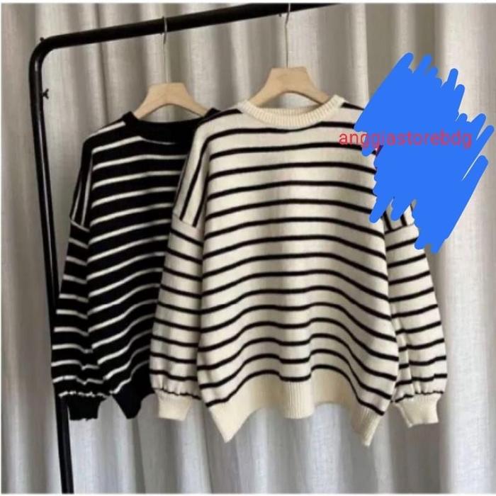 Bayoneta Strip Polet Rajut Knit Hitam Putih Retro
