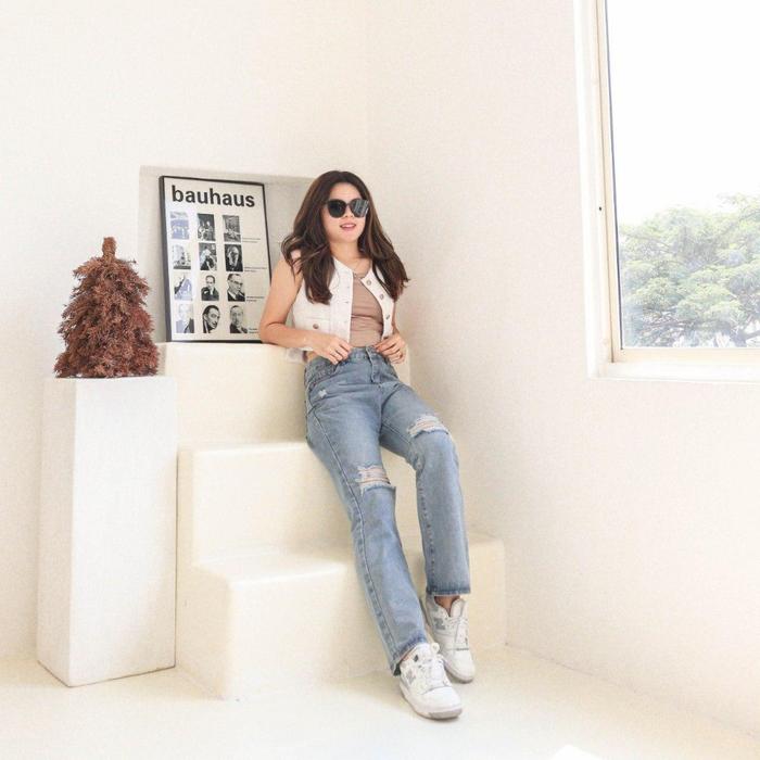 (Thome) - Celana Panjang Jeans Wanita Kekinian HW Model Cutbray Jeans Ripped X77