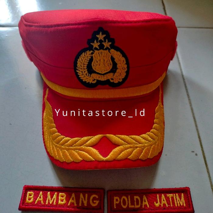 topi pilkep pamen spn merah instruktur full kain halus lidah topi list kuning + bordir nama kiri kan