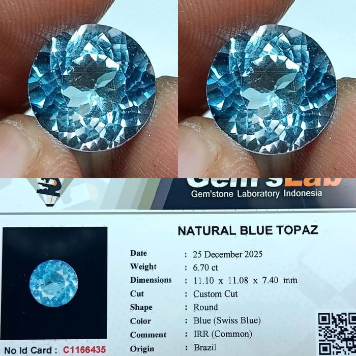NATURAL BLUE TOPAZ SWISS ROUND CUTTING CUSTOM BRAZIL MEMO ID CARD GLI LAB